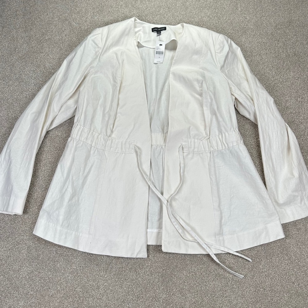 Lane Bryant Women's White Linen Blend Cinched Waist Open Front Jacket‎